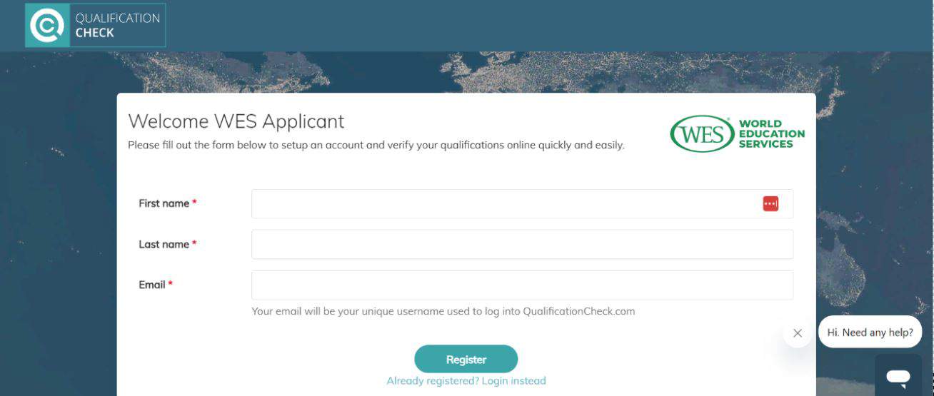 A screen shot of the Welcome WES Applicant screen