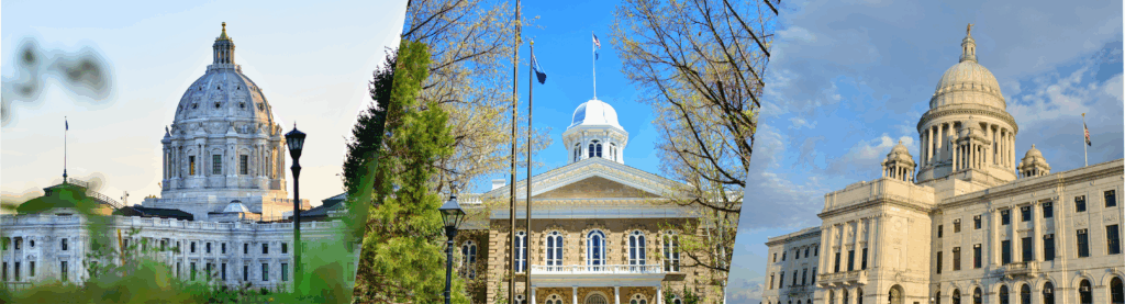 Three state capitol buildings from Minnesota, Nevada and Rhode Island.