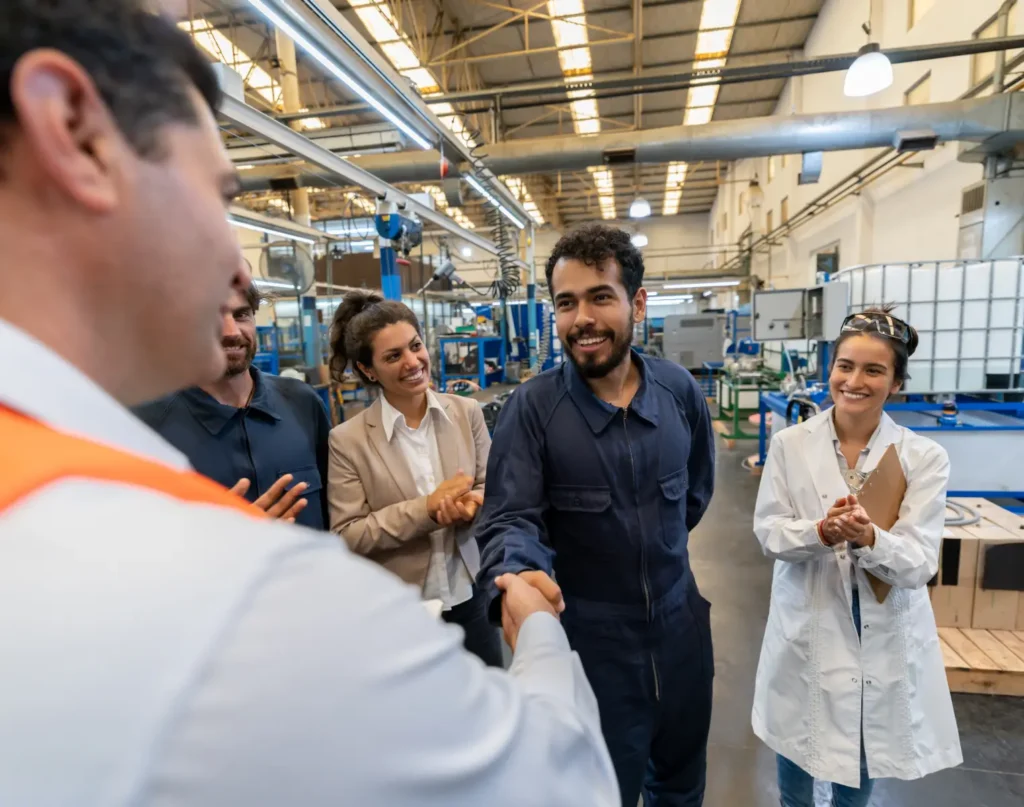 An immigrant factory worker shakes hands with boss after promotion