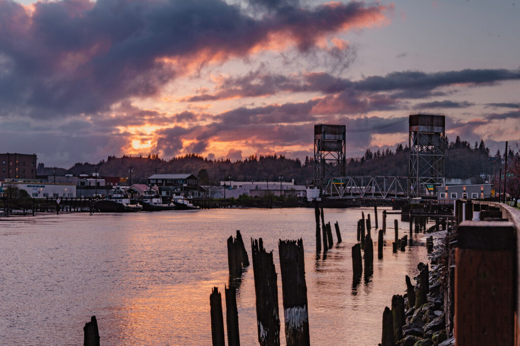 A scenic view of the bridge over the Hoquiam River in the city of Washington, USA